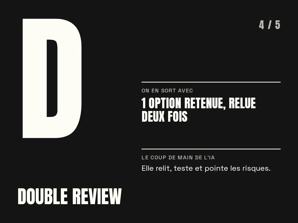 FRIDA, étape 4 : Double review. On en sort avec une option retenue, relue deux fois.