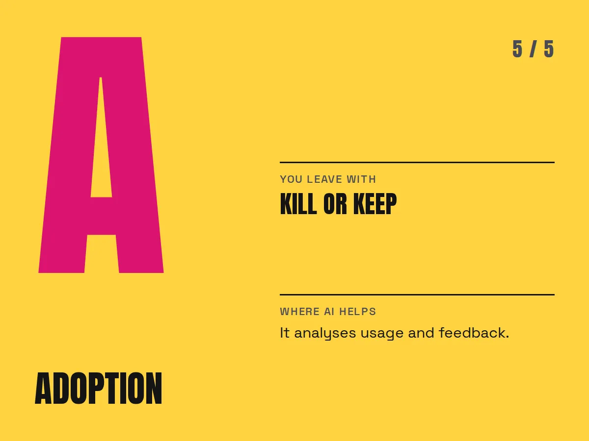 FRIDA, step 5: Adoption. You leave with a Kill or Keep.